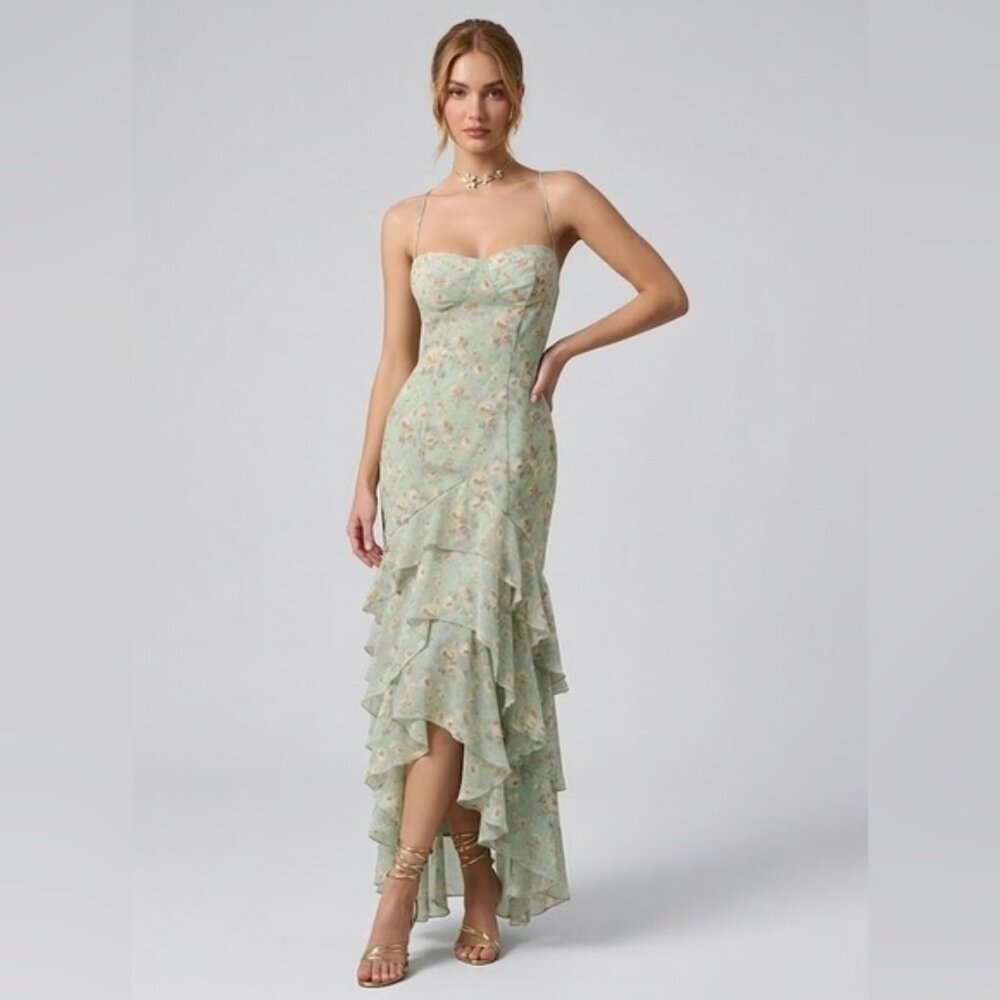 Sage Floral Ruffle High-Low Maxi Dress Green